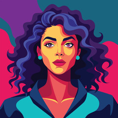 Bold Woman Portrait: Vibrant Pop Art Style, Confident and Strong Expression,  Purple and Teal Color Palette.