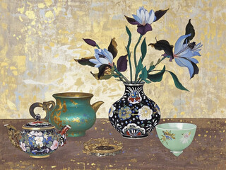 Ancient Ceramic Tea Set with Floral Arrangement in Gold Accents