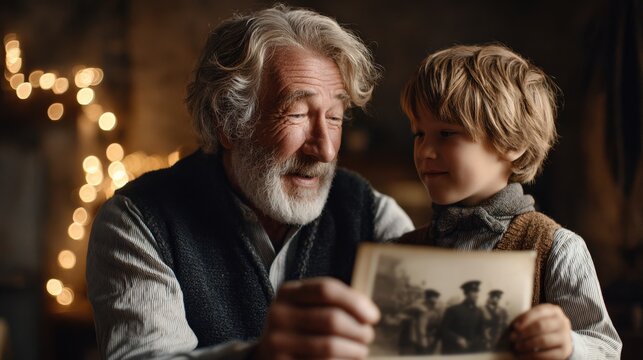An old man showing a vintage war photo to a child, passing down history, warm, nostalgic glow, cinematic legacy, soft focus.