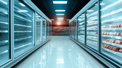 Fototapeta premium Well-organized ice cream products showcased in a bright supermarket aisle, emphasizing variety and choice for shoppers in search of refreshing treats.