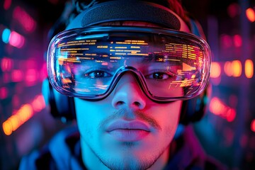 Phishing operator looks very happy at the led panel, in dark data center. Man coding with futuristic interface. Creative design idea design of it. Programmer focused on screen.