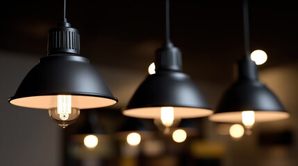 Three matte-black pendant lights with Edison-style bulbs hang from a dark ceiling, softly illuminating a blurred background
