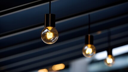 Three warm-toned, globe-shaped lightbulbs hang from black cords against a dark blue, slatted ceiling.  Soft, blurry background lights are visible