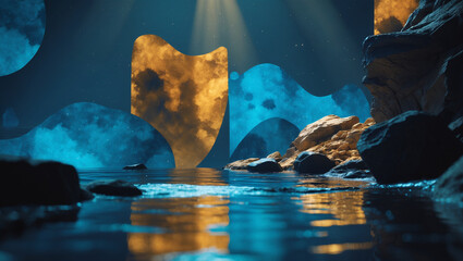 Abstract digital artwork featuring a dreamlike landscape with water reflections and celestial formations.