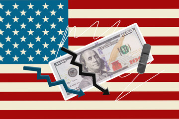 Sketch image artwork composite 3D photo collage of arrow down huge banknote america flag geo...
