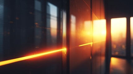 Sunset illuminates a sleek, dark server rack in a modern, high-rise office, with city views through large windows.  The warm light creates a dramatic, futuristic feel