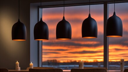 Four matte-black pendant lights hang before a large window showcasing a vibrant sunset;  two candles illuminate a nearby table