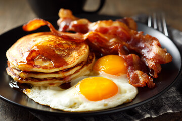 American breakfast: pancakes with syrup, bacon, and eggs