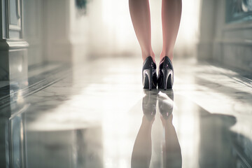 Woman legs wearing elegant high heels over a marble floor