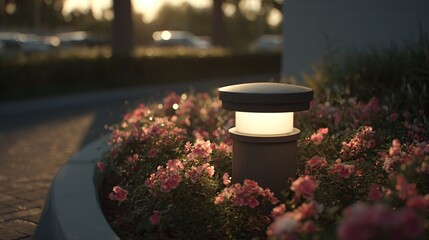 A modern, cylindrical outdoor light fixture illuminates pink flowers nestled in a circular planter at sunset; blurred cars and trees form a soft background