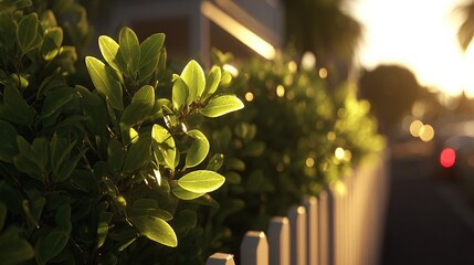 Sunlit green leaves of a bush backlit by golden hour sunlight, partially obscuring a white picket fence and blurred street scene beyond