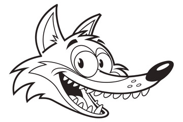 Cartoon fox head shows his teeth with big eyes in a line art image