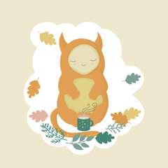 A friendly character monster drinks a cup of tea or coffee with milk. Cozy autumn picnic, drinking tea in the park and enjoying nature. Cute cartoon sticker, printed or web illustration.