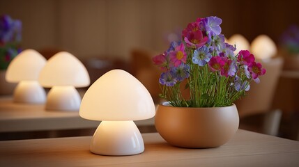 Softly lit mushroom lamps illuminate a wooden table, next to a small pot of vibrant purple, pink, and blue flowers, creating a warm, calming ambiance.  Other lamps softly glow in the background