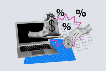 Trend artwork template design 3D collage sketch of remote job laptop hand hold money bag coins bank...