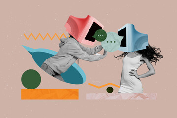 Composite art 3d creative image collage of two anonym girls instead head pc monitor online...