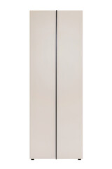 Two-door wardrobe on a white background. The wardrobe is in gray, in Scandinavian style. Tall narrow wardrobe.