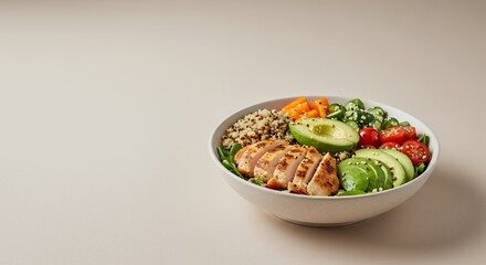 Delight in this vibrant and healthy quinoa bowl, featuring grilled chicken, fresh avocado, colorful vegetables, and a sprinkle of sesame seeds ? a perfect nutritious meal.