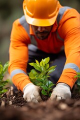 Fototapeta premium A worker in safety gear plants a young green plant in the soil, showcasing dedication to environmental care and cultivation.