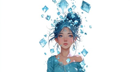 A girl with teal hair and blue ice crystals
