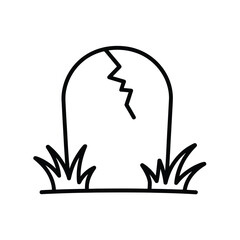 Cracked Tombstone with Grass Simple Black and White Line Drawing