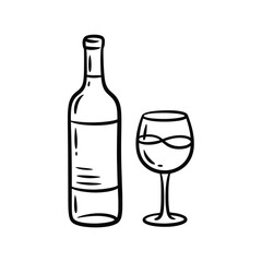 Simple Line Drawing of a Wine Bottle and Wine Glass
