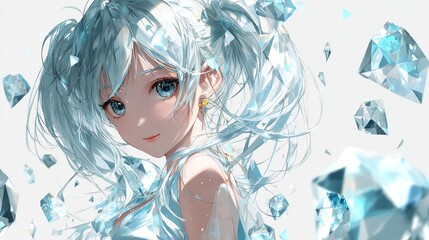 Light-skinned anime girl with icy blue hair, surrounded by glittering crystals