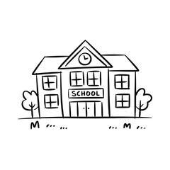 Simple Black and White School Building Cartoon Illustration
