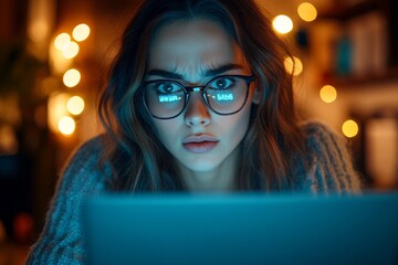 A terribly scared caucasian adult woman with dark hair wearing in unpretentious looks at the computer display. Programmer optimizing website speed. Background is a dark room with cloud nodes.