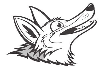 An outline cartoon wolf head looking upward with its mouth open in excitement