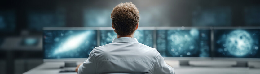 Man monitoring digital data on multiple screens in modern powered operations center, focused and professional atmosphere