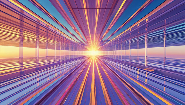 Abstract futuristic perspective of architectural tunnel with glowing light and vibrant colors
