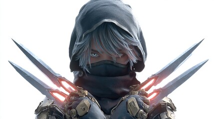 Close-up of a female warrior character, shrouded in a dark hooded cloak, holding two glowing blades