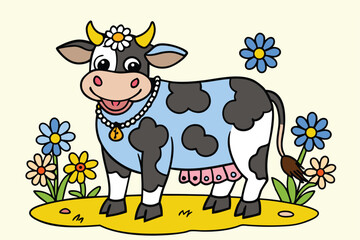 Cartoon cow with daisy and blue spots stands smiling in a flower garden