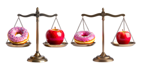  Balance Scale Comparing Donut and Apple for Calorie Decision, isolated on transparent background PNG