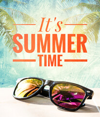 It's summer time banner with design sunglasses over tropical background, summer season poster background idea