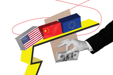 Sketch composite 3D photo collage artwork of hand hold banknote flag country america china europe...