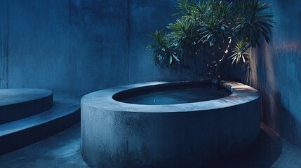 Concrete plunge pool with plant accent against a blue tinted wall backdrop