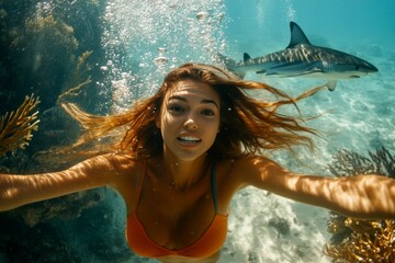 Deadly diving locations. Beware of venomous fish. Dangerous diving spots. Ocean threat alert. Encounter with while snorkeling. And fear and horror adult woman swims among the corals.