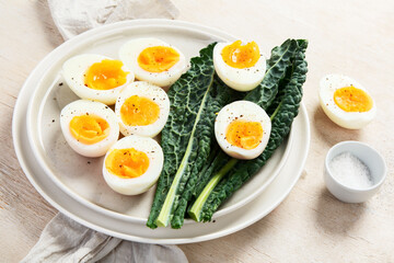 Plate with halves of delicious boiled eggs.