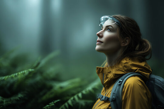 Woman forest AR glasses hiking technology nature backpack outdoor adventure misty focused serene green exploration