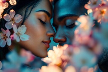Spring mood creative: stunning mixed-race young woman and man inhaling the aromatic of cherry blossoms. Dark night and warm mystic light - complementary lighting. Couple in springtime bloom.