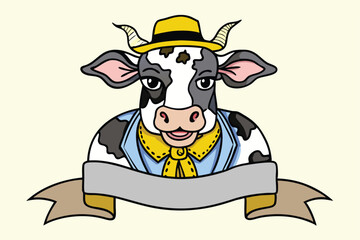 Cartoon Holstein cow wears a yellow hat and holds a blank ribbon for a message