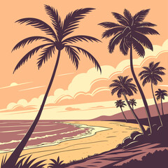Tropical Beach Sunset Illustration – Palm Trees and Ocean Shore Vector Art