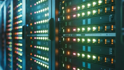 Data center server farm with blinking LED lights, information technology - Powered by Adobe