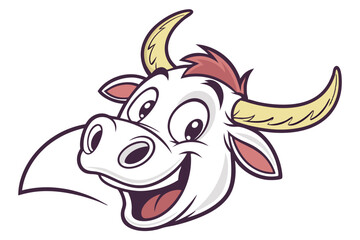 Cartoon white bull with tan horns and red hair is joyfully smiling