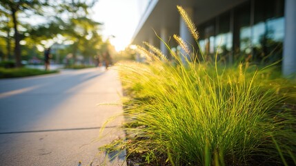 Sunlight filters through tall grass bordering a city sidewalk