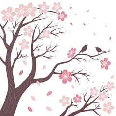 Cherry Blossom Tree Illustration with Birds – Spring Floral Vector Design