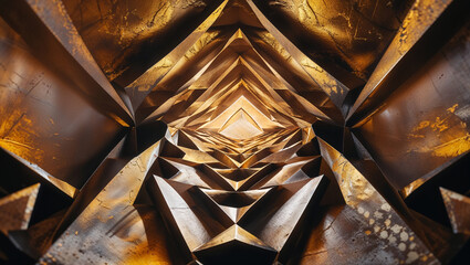 Abstract geometric architecture perspective with textured metal surfaces and warm golden illumination