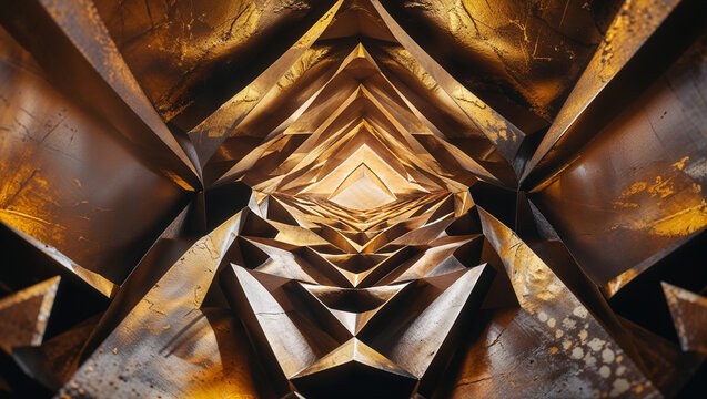 Abstract geometric architecture perspective with textured metal surfaces and warm golden illumination - Powered by Adobe